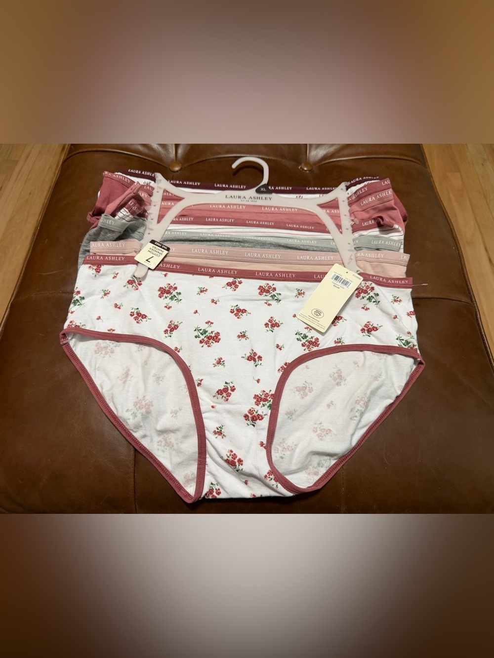 Laura Ashley White Floral Cotton Bikini Panties with Dusty Rose Trim - 7 Pack